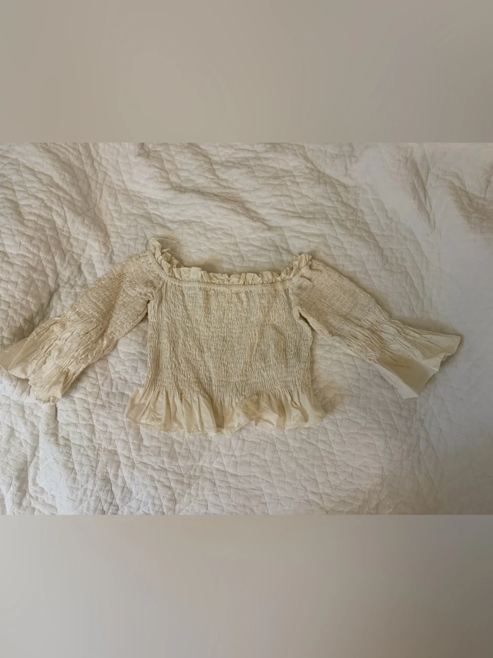 Zara Cream Smocked Ruffle Long-Sleeve Top